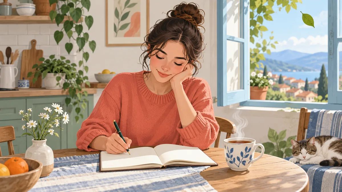 Offenes Notizbuch, Stift und Teetasse auf einem Tisch als ruhiger Start für ein Dankbarkeitstagebuch