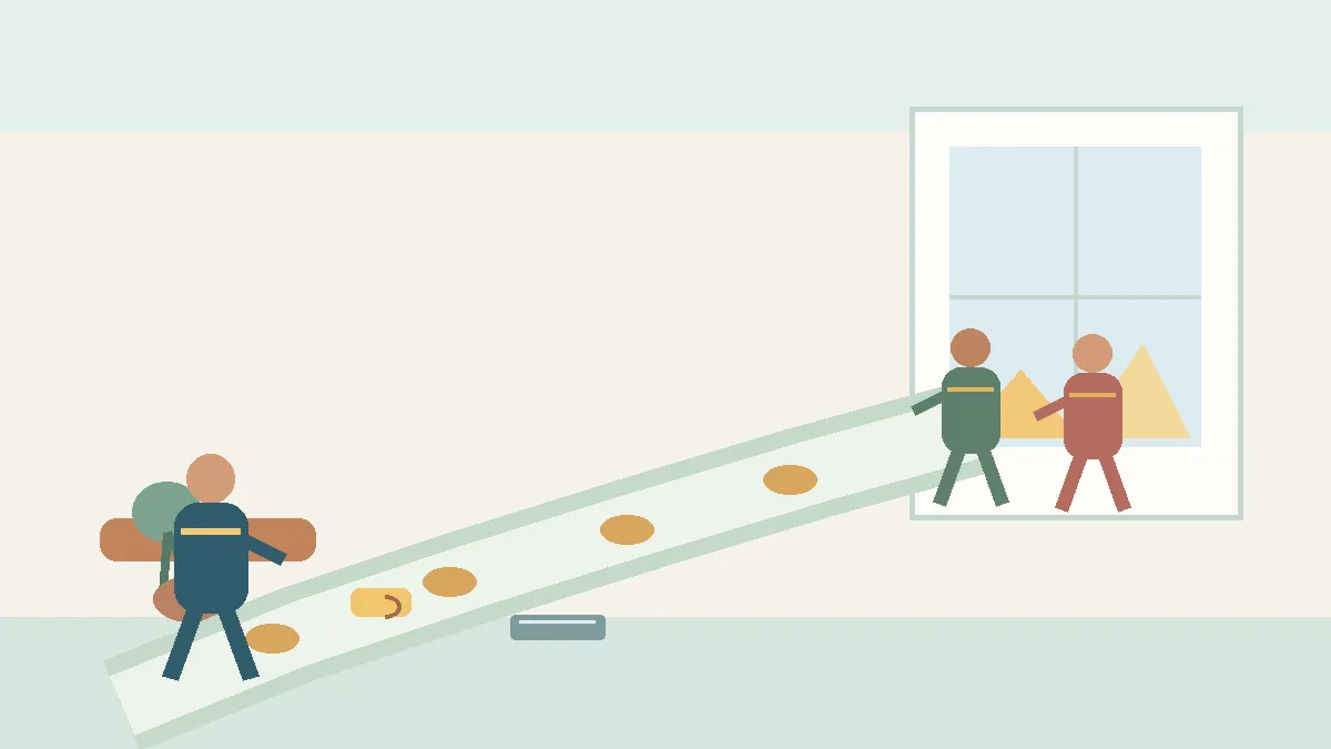 Editoriale Illustration mit einer Person auf einem Weg zu zwei Menschen an einem hellen Fenster