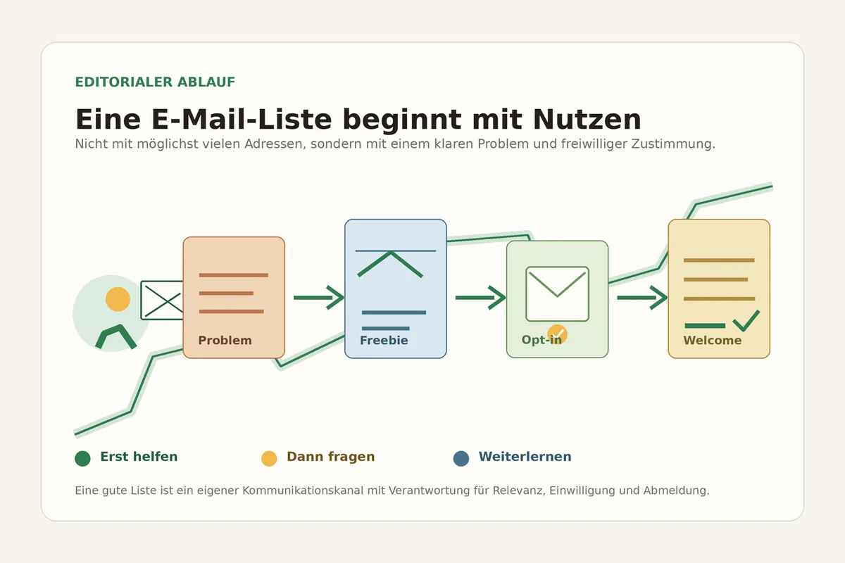 Editorialer Ablauf vom Nutzerproblem zur freiwilligen E-Mail-Anmeldung und hilfreichen Willkommensmail