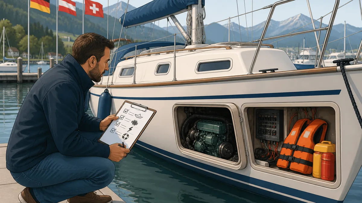 Käufer prüft ein Gebrauchtboot im Hafen mit einer Checkliste für Rumpf, Motor und Sicherheit