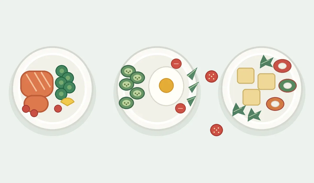 Drei illustrierte Abendessen-Grundideen mit Lachs und Brokkoli, Ei und Zucchini sowie Tofu und Gemüse