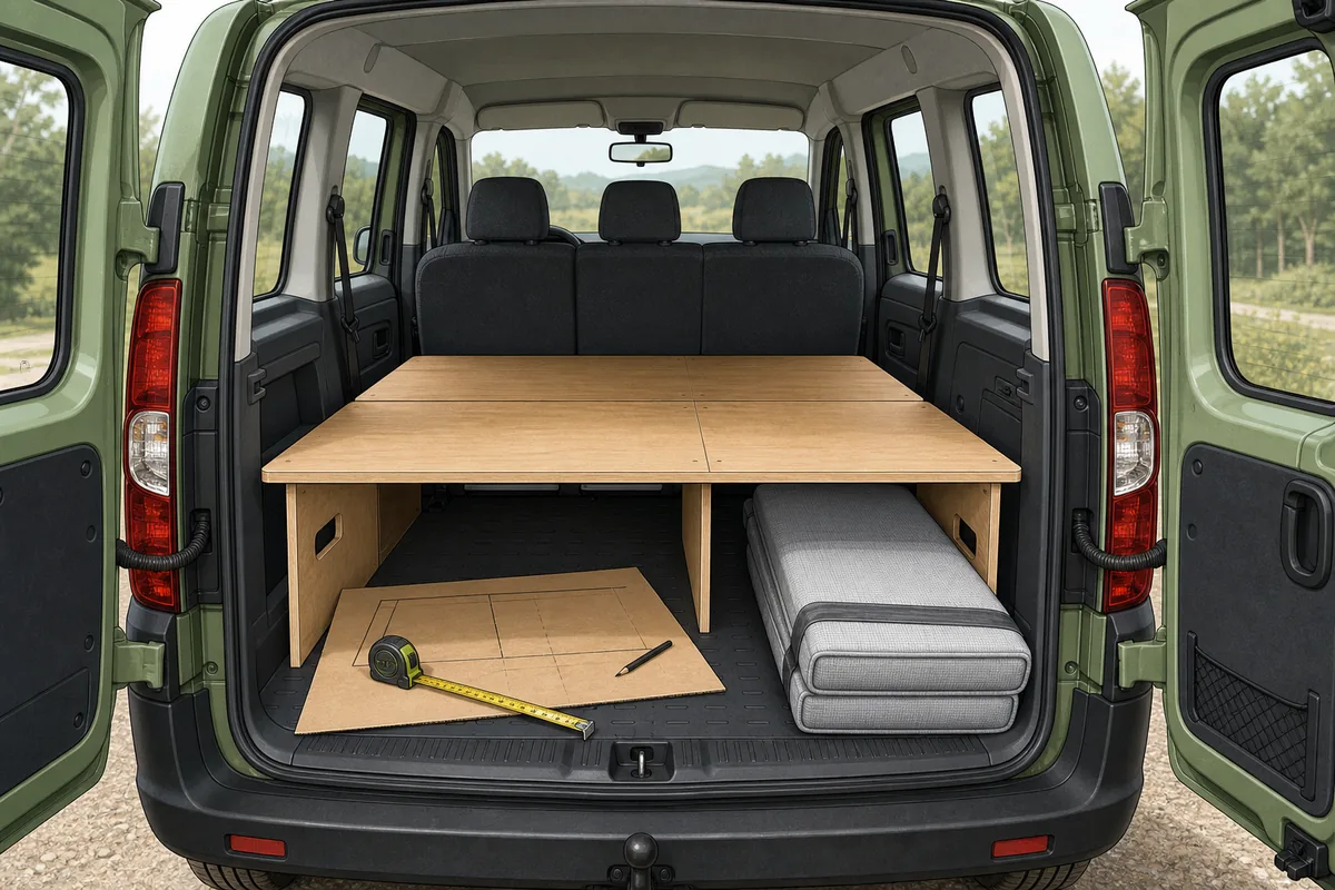 Illustrative Planung eines herausnehmbaren Doppelbetts im Opel Combo C mit Rücksitzbank